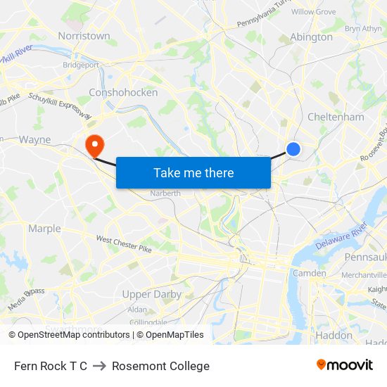 Fern Rock T C to Rosemont College map
