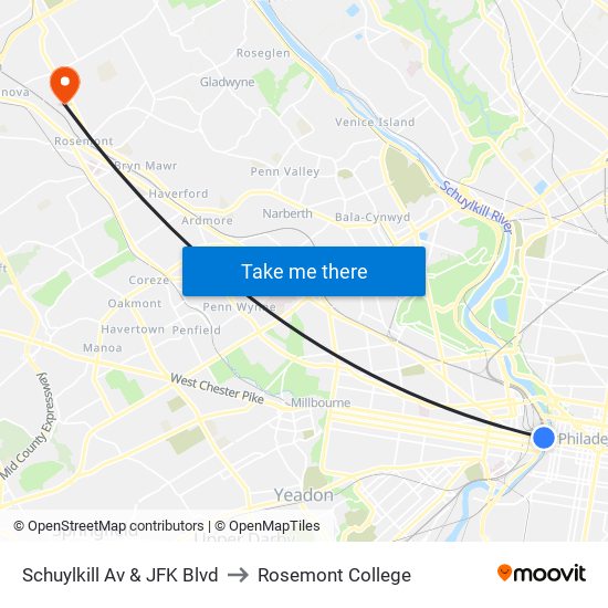 Schuylkill Av & JFK Blvd to Rosemont College map