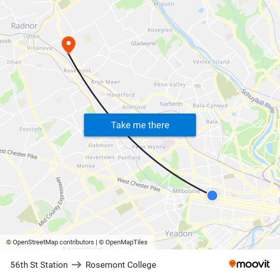 56th St Station to Rosemont College map