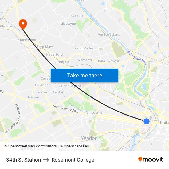 34th St Station to Rosemont College map