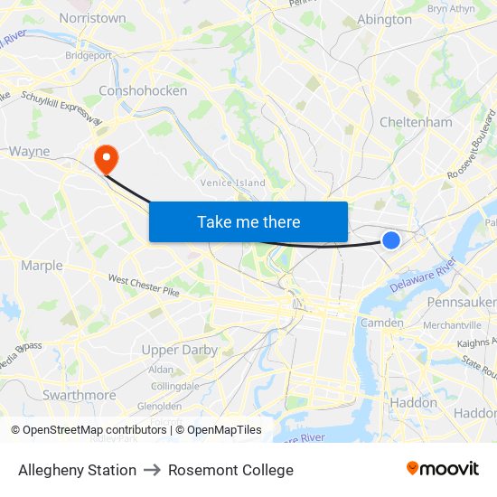 Allegheny Station to Rosemont College map