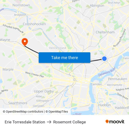 Erie Torresdale Station to Rosemont College map