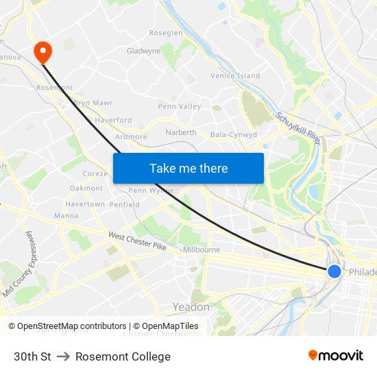 30th St to Rosemont College map