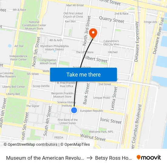 Museum of the American Revolution to Betsy Ross House map