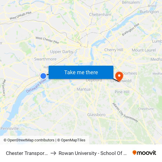 Chester Transportation Center to Rowan University - School Of Osteopathic Medicine map