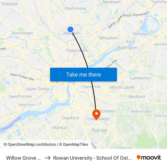 Willow Grove Park Mall to Rowan University - School Of Osteopathic Medicine map