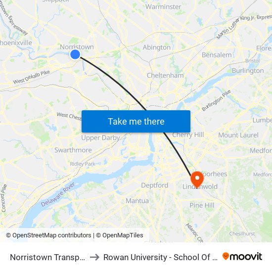 Norristown Transit Center to Rowan University - School Of Osteopathic Medicine map