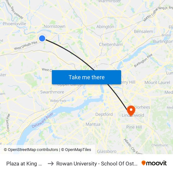 Plaza at King Of Prussia to Rowan University - School Of Osteopathic Medicine map