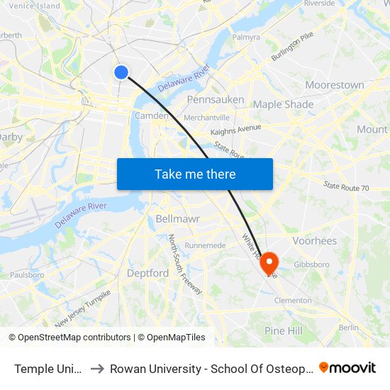 Temple University to Rowan University - School Of Osteopathic Medicine map