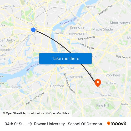 34th St Station to Rowan University - School Of Osteopathic Medicine map