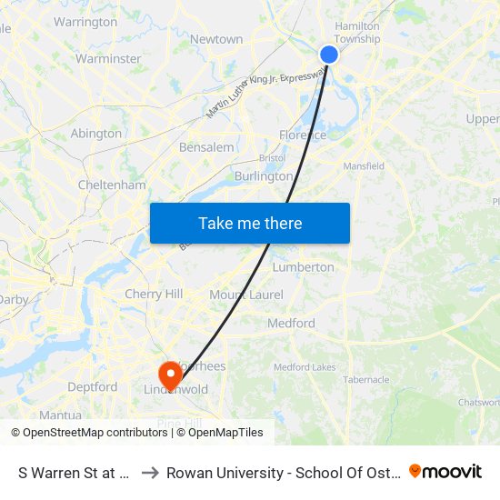 S Warren St at W State St to Rowan University - School Of Osteopathic Medicine map