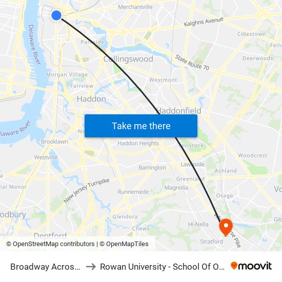 Broadway Across From Wrtc to Rowan University - School Of Osteopathic Medicine map