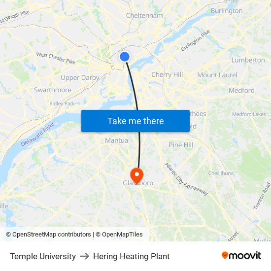 Temple University to Hering Heating Plant map