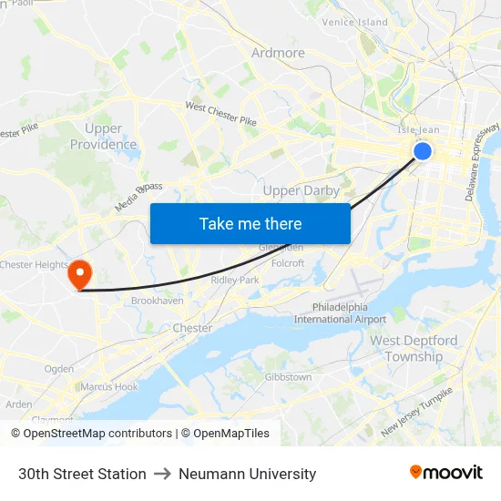 30th Street Station to Neumann University map