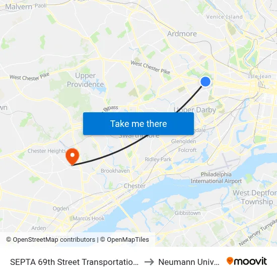 SEPTA 69th Street Transportation Center to Neumann University map