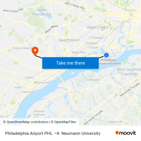 Philadelphia Airport PHL to Neumann University map