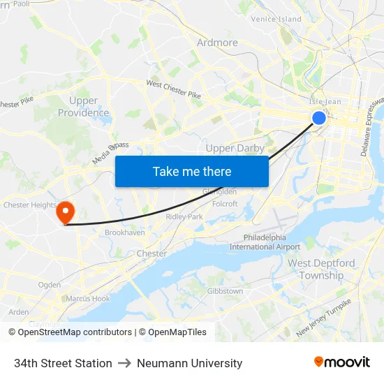 34th Street Station to Neumann University map