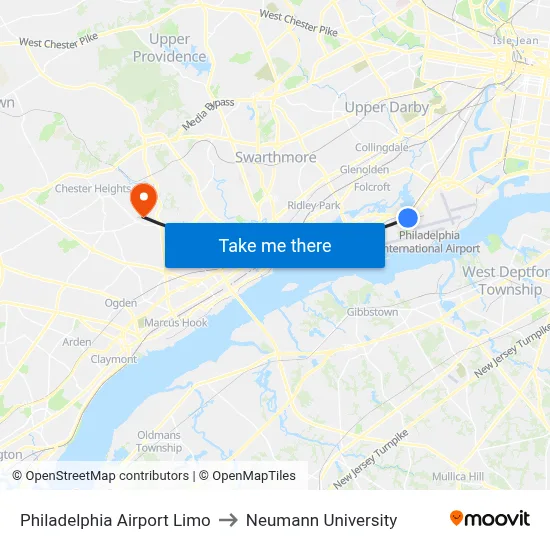 Philadelphia Airport Limo to Neumann University map