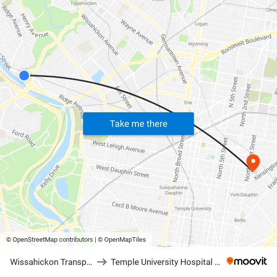 Wissahickon Transportation Center to Temple University Hospital - Episcopal Campus map