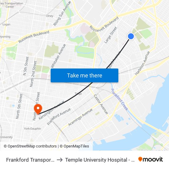 Frankford Transportation Center to Temple University Hospital - Episcopal Campus map