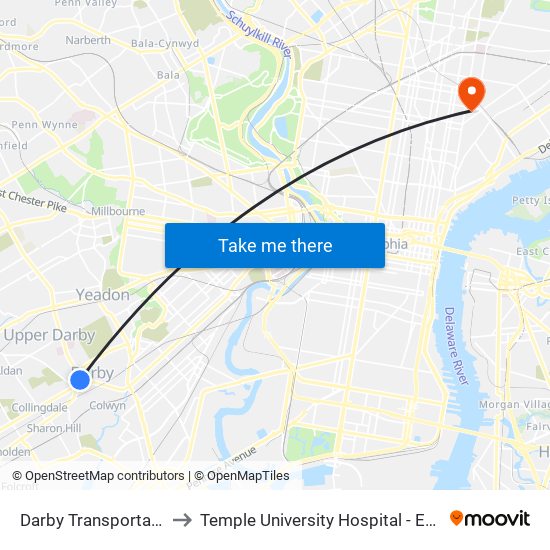 Darby Transportation Center to Temple University Hospital - Episcopal Campus map