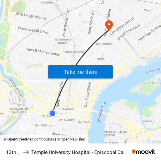 13th St to Temple University Hospital - Episcopal Campus map