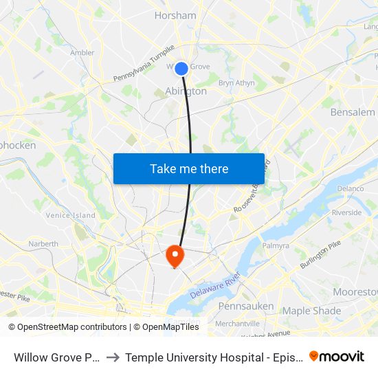Willow Grove Park Mall to Temple University Hospital - Episcopal Campus map