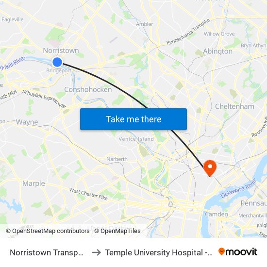 Norristown Transportation Center to Temple University Hospital - Episcopal Campus map