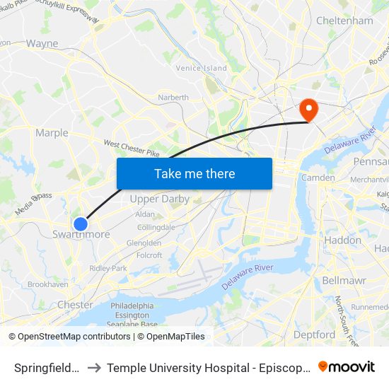 Springfield Mall to Temple University Hospital - Episcopal Campus map