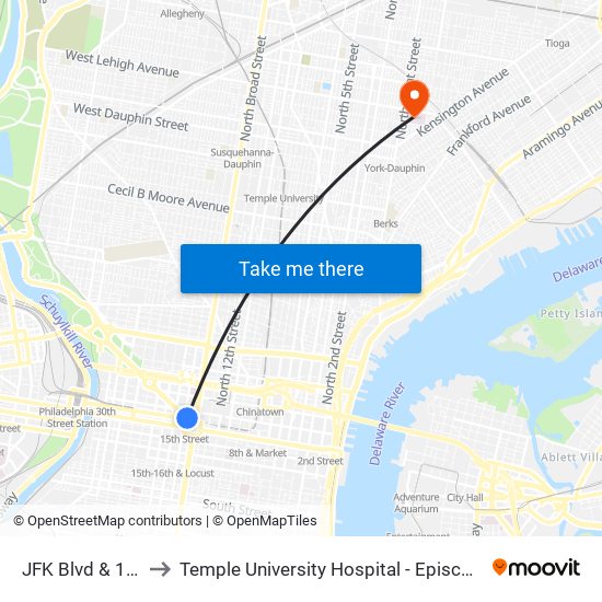 JFK Blvd & 15th St to Temple University Hospital - Episcopal Campus map