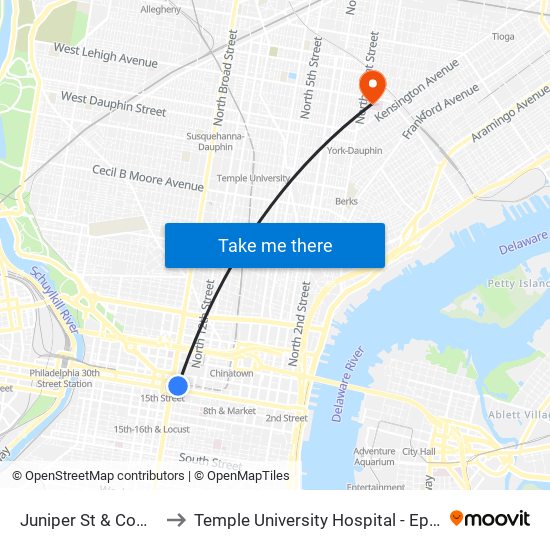 Juniper St & Commerce St to Temple University Hospital - Episcopal Campus map