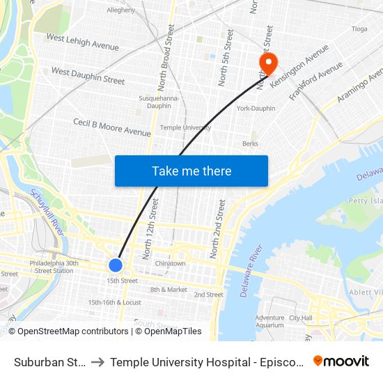 Suburban Station to Temple University Hospital - Episcopal Campus map