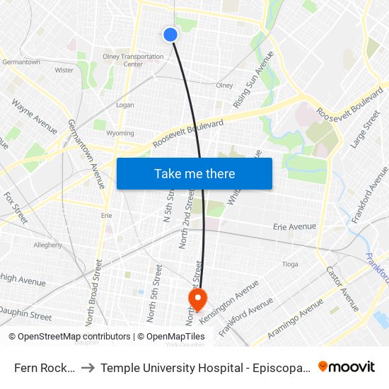 Fern Rock T C to Temple University Hospital - Episcopal Campus map