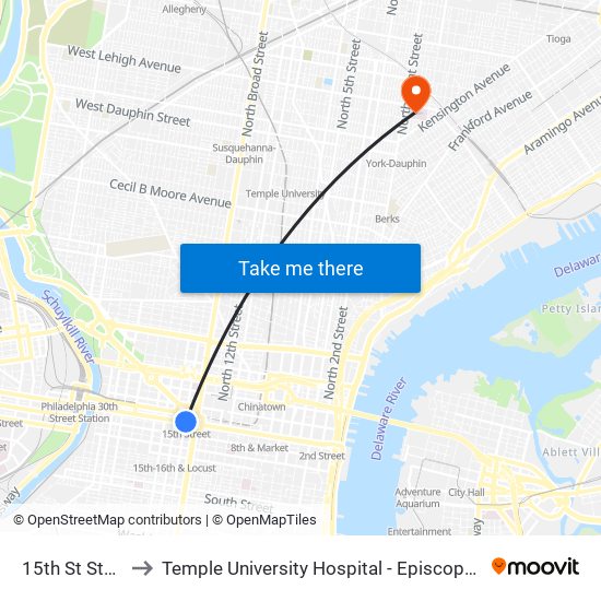 15th St Station to Temple University Hospital - Episcopal Campus map