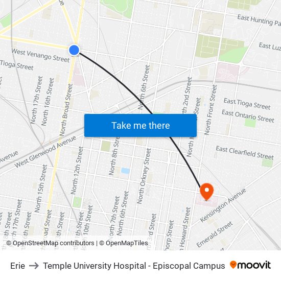 Erie to Temple University Hospital - Episcopal Campus map