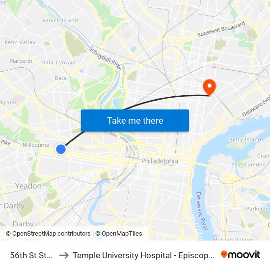 56th St Station to Temple University Hospital - Episcopal Campus map