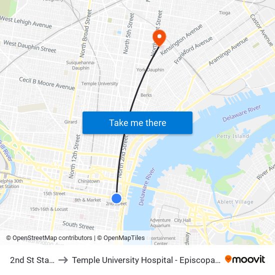 2nd St Station to Temple University Hospital - Episcopal Campus map