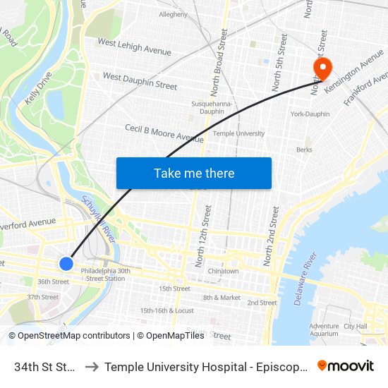 34th St Station to Temple University Hospital - Episcopal Campus map