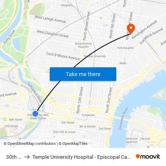 30th St to Temple University Hospital - Episcopal Campus map