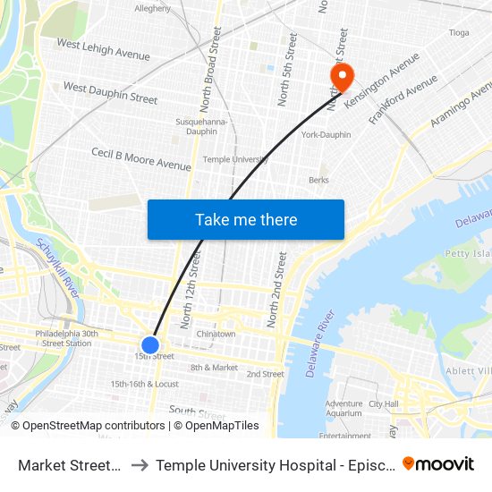 Market Street Trolley to Temple University Hospital - Episcopal Campus map