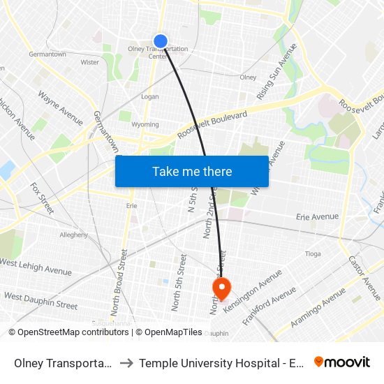 Olney Transportation Center to Temple University Hospital - Episcopal Campus map