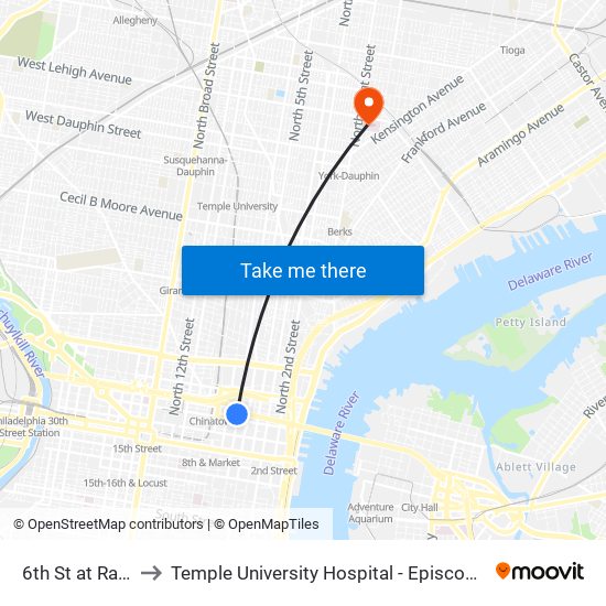 6th St at Race St to Temple University Hospital - Episcopal Campus map
