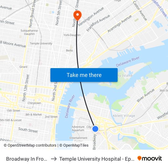 Broadway In Front Of Wrtc to Temple University Hospital - Episcopal Campus map