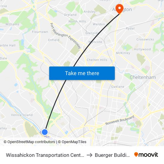 Wissahickon Transit Center to Buerger Building map