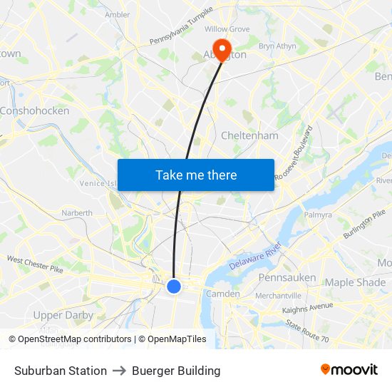 Suburban Station to Buerger Building map