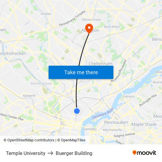 Temple University to Buerger Building map