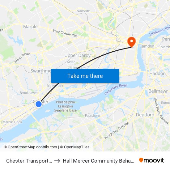 Chester Transportation Center to Hall Mercer Community Behavioral Health Center map