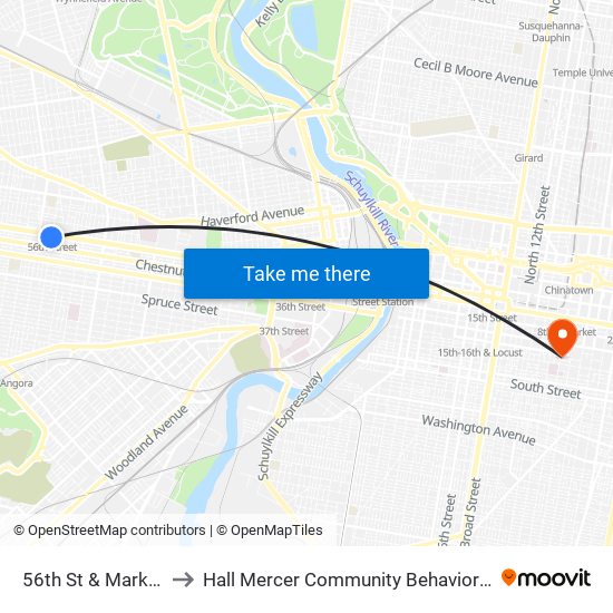 56th St & Market St - Fs to Hall Mercer Community Behavioral Health Center map