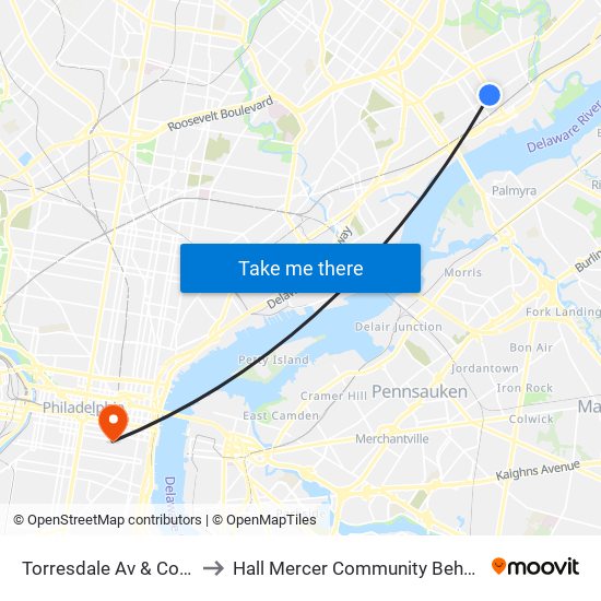 Torresdale Av & Cottman Av Loop to Hall Mercer Community Behavioral Health Center map