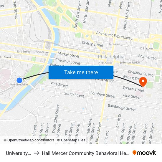 University City to Hall Mercer Community Behavioral Health Center map